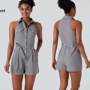 Halara Water Repellent Sleeveless Belted Twill Jumpsuit romper gray medium